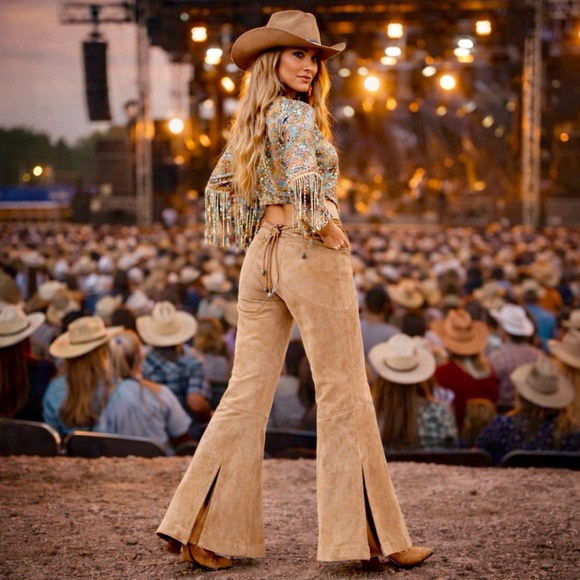 Wilsons Leather Pants - Vintage Wilsons Leather Suede Braided Flare Pants Tan Western Boho Y2K Size 10